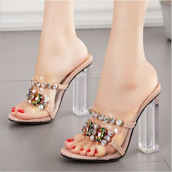 

summer fashion crystal diamond slides clear pvc transparent slippers women shoes peep toe high heels mules dress pumps, Black