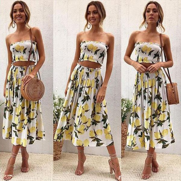

women fold print 2 piece set summer for female women tube crop two piece set skirt backless two piece, Gray