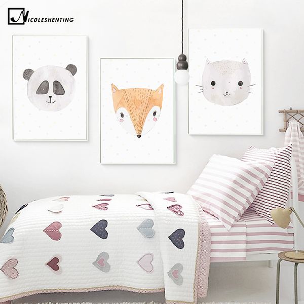 

watercolor kawaii animal rabbit cat fox poster prints wall art canvas painting nursery picture baby room decoration home decor