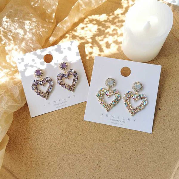 

2020 korean hollow love heart drop earrings for women luxury shiny rhinestone simple korean statement dangle earring jewelry, Silver