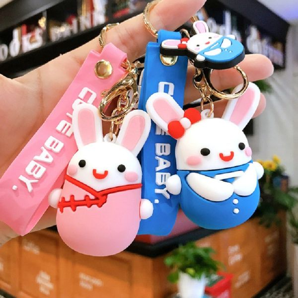 

cute long eared keychains accessories cartoon key chains with hat lovers doll bag mobile phone pendant key rings, Silver