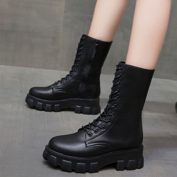 

boots women's mid-calf pu leather lace up platform non slip boot ladies sewing comfort female footwear 2021 winter, Black