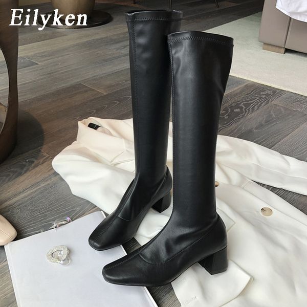 

eilyken winter elastic over knee boots women slim low high heels comfortable fashion round head black women boots