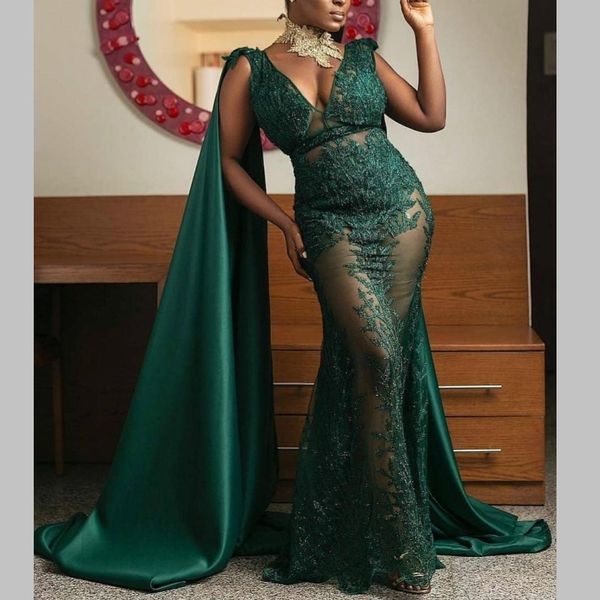 

african illlusion african prom dresses deep v neck lace appliques see through mermaid evening dress arabic robe de soiree, Black