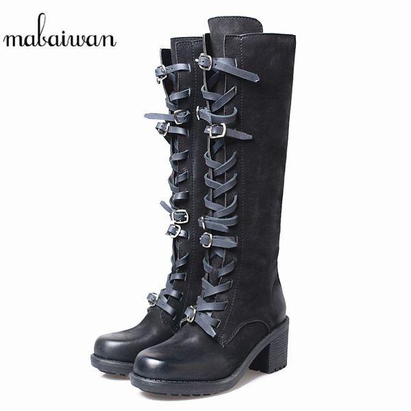 

mabaiwan black fashion cowboy knee high boots women thick high heel genuine leather shoes women's new comfortable buckle shoes