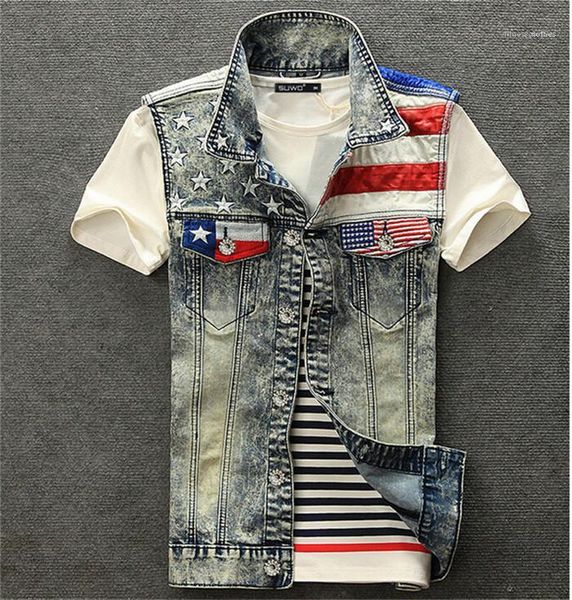 

summer lapel neck sleeveless slim outwear american independence day holiday mens denim vest 4xl patchwork mens designer vest spring, Black;white