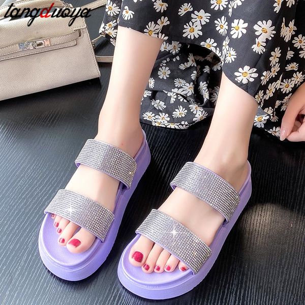 

rhinestone slippers 2020 new women mules slippers new women flip flop fashion beach flat outdoor casual simple, Black