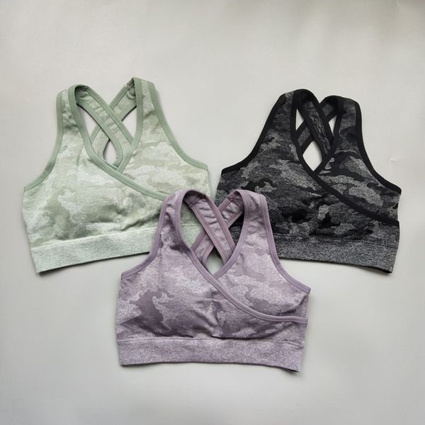 

2020 camo бесшовные спортивный бюстгальтер high impact push up bra спорт x тип cross назад центр crop top проложенный фитнес top women актив, White;black
