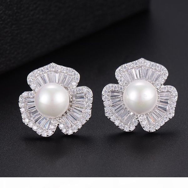 

wholesale 18mm flower imitation pearl fashion cubic zirconia women engagement party nightout bridal wedding earrings for women, Golden;silver