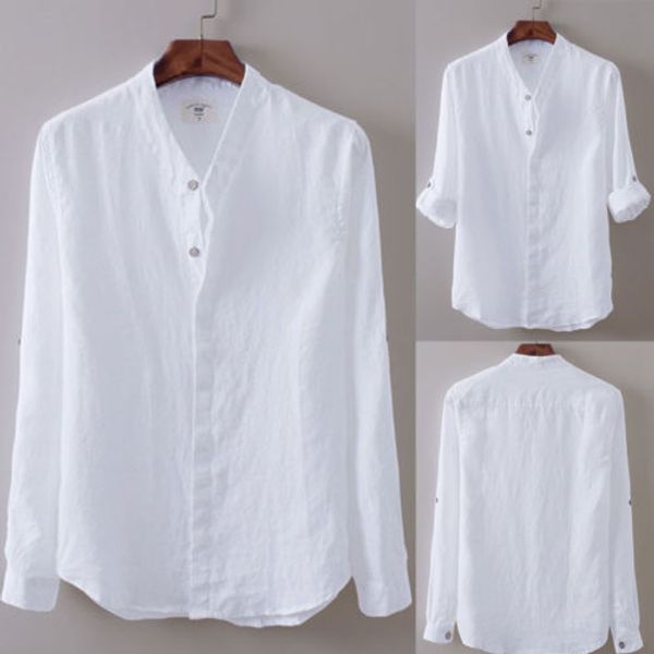 

2020 new summer brand shirt men short sleeve loose thin cotton linen shirt male fashion solid color trend v-neck tees, White;black