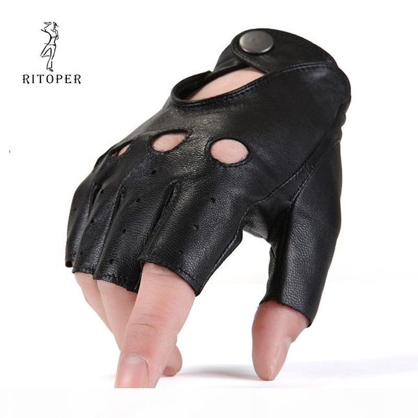 

rir genuine leather semi-fingers gloves male breathable hole thin style men half-finger lambskin gloves driving fishing 2018, Blue;gray