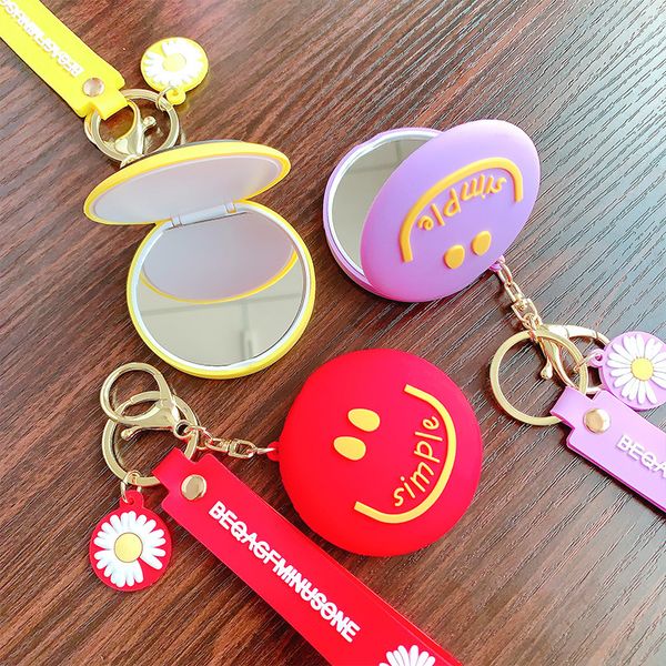 

cute cartoon smile face keyring folding makeup mirror keychain women girl car bag mirror pendant key chain gift, Silver