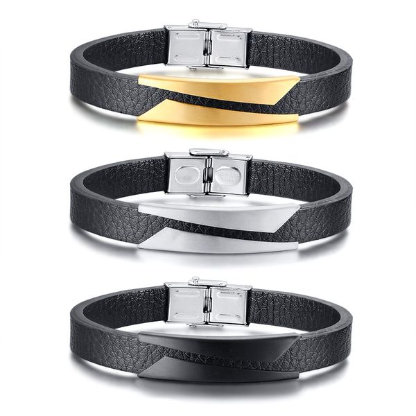 

fashion men bracelets geometric stainless steel slanted sheet bent brand microfiber genuine leather male jewelry, Black