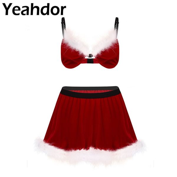 

2pcs men adults soft velvet feathered sissy christmas santa costume set adjustable spaghetti straps bra with short skirt, Silver