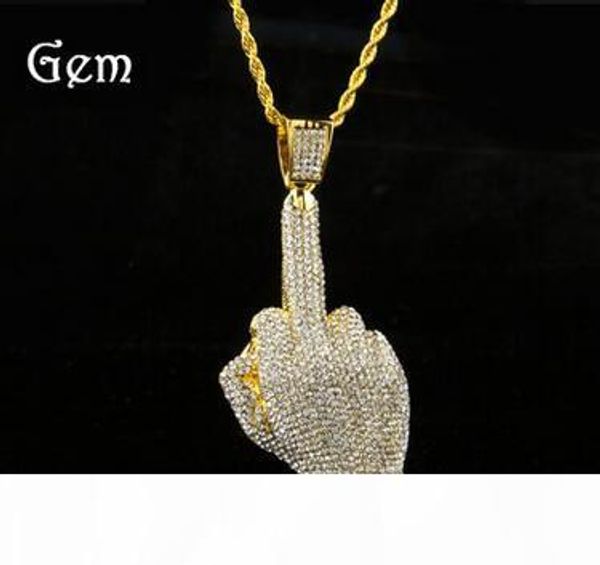 

76*6cm twist chain european streetwear hiphop full rhinestone alloy big finger pendant necklace middle finger hip hop necklace, Silver