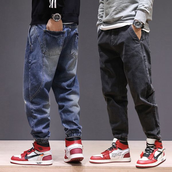 

men's jeans japanese vintage fashion men loose fit spliced designer denim cargo pants homme harem joggers streetwear hip hop, Blue