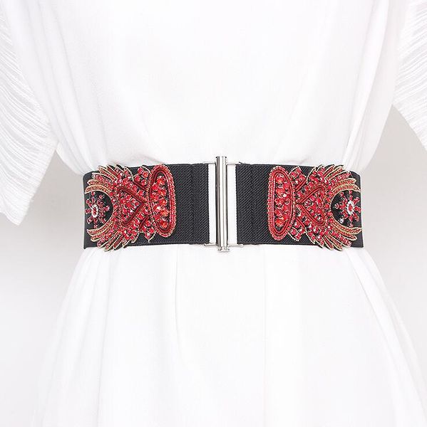 

women's runway fashion rhinestone beaded elastic cummerbunds female dress corsets waistband belts decoration wide belt r2924, Black;brown