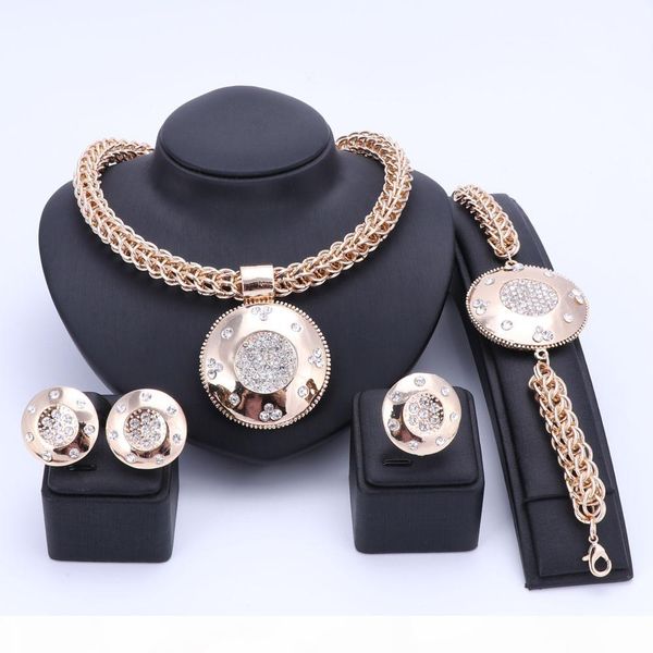 

luxury big dubai gold plated crystal jewelry sets fashion nigerian wedding african beads costume necklace bangle earring ring, Slivery;golden