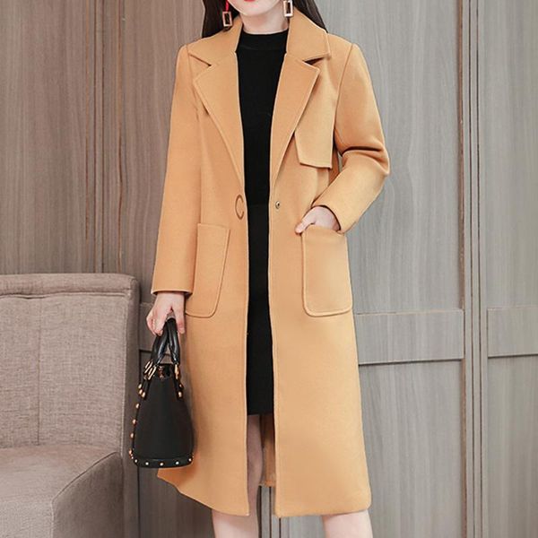 

women's wool & blends womens winter lapel button long trench coat jacket overcoat outwear woolen simple elegant lady blend coats y10.29, Black