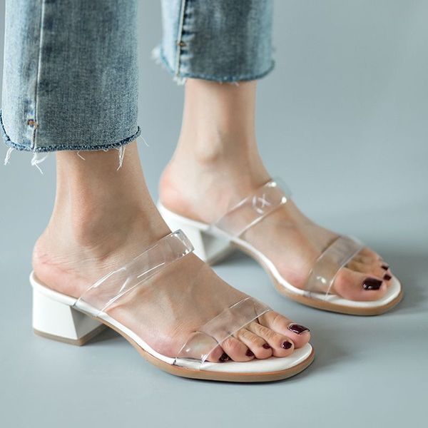 

slippers agodor women pvc transparent open toe mid square heel all match sandals casual ladies summer shoes 34-40, Black
