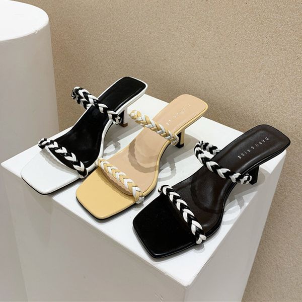 

2020 fashion brand women slippers weave vintage square toe narrow band high heel sandals women shoes summer dress slides ladies, Black
