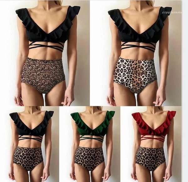 

swimwear fashion ladies bikinis female clothing style womens bikini sets solid color high waist womens leopard printed, White;black