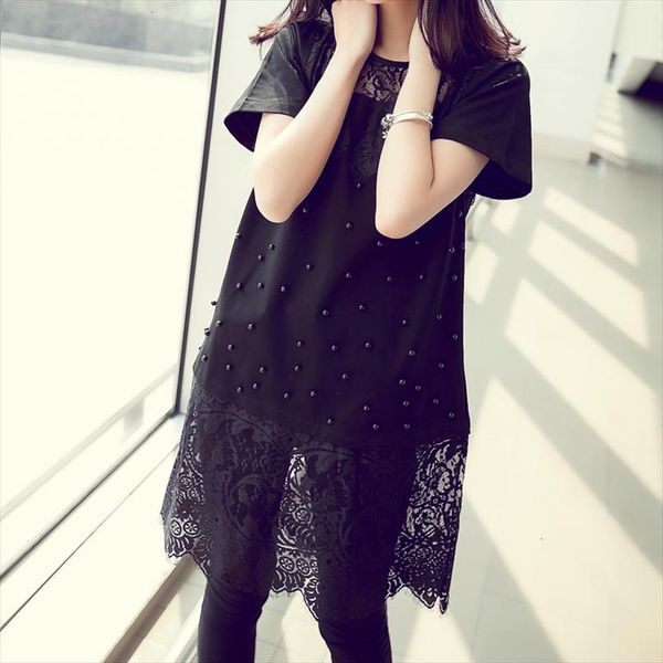 

women summer dress round neck lace stitching dress plus size casual loose short sleeve hollow out dress vestidos designer clothes, Black;gray