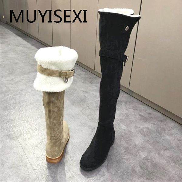

cow suede plush stretch boots thin leg long boots keep warm flat luxury riding over knee high plus size qqj03 muyisexi, Black