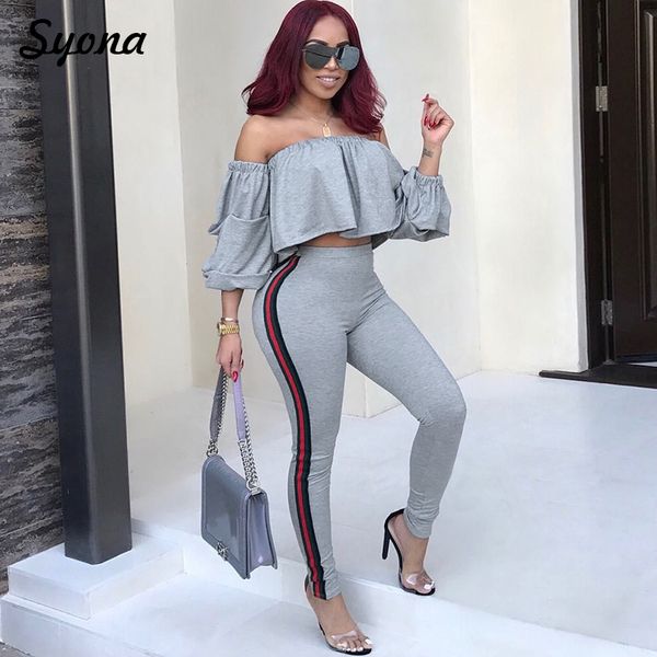 

casual women matching two peice set off shoulder outfits crop ruffle long pants striped 2 piece suit club party autumn, White