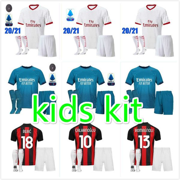 

kids kit 20 21 ibrahimovic ac soccer jerseys 2020 2021 piatek 120th football shirt paqueta bennacer uniforms milan maillot de foot, Black;yellow