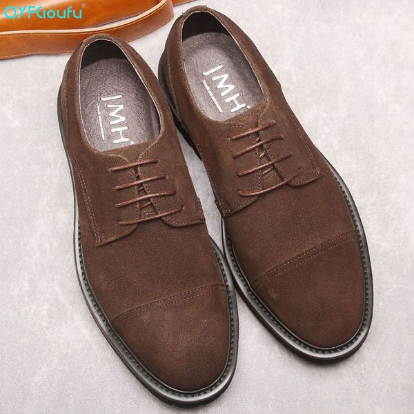 

qyfcioufu new fashion suede formal shoes men round toe dress shoes genuine leather breathable groom wedding casual fashion, Black