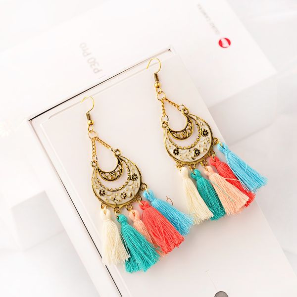 

anqi 2020 new bohemia ethnic long fringed tassel earrings for women flower carved vintage dangle hanging earring ear jewelry, Silver