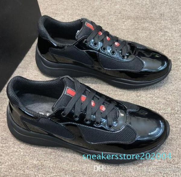 

designer sneaker for men americas cup patent leather nylon sneakers luxury shoes mens lace up traniers plume calf leather s04, Black