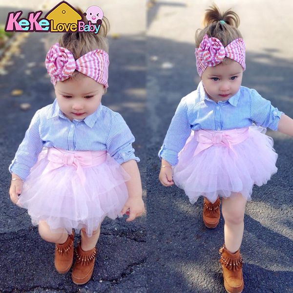 

2020 kids clothes summer baby girl clothes set t-shirt striped lace tutu skirt bow children clothing toddler girls outfits, White