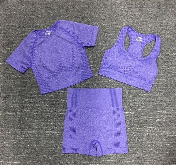 

vital seamless yoga set women gym workout clothes sports bra short sleeve fitness crop high waist shorts sports suits 3pcs, White;red