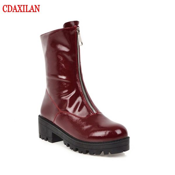

cdaxilan new to mid-calf boots women's soft pu leather round toe zipper mid-heels motorcycle boots for spring autumn ladies, Black