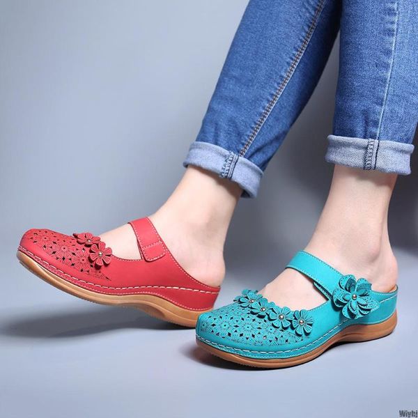 

sandals ladies summer shoes leather floral flat retro women large size, Black