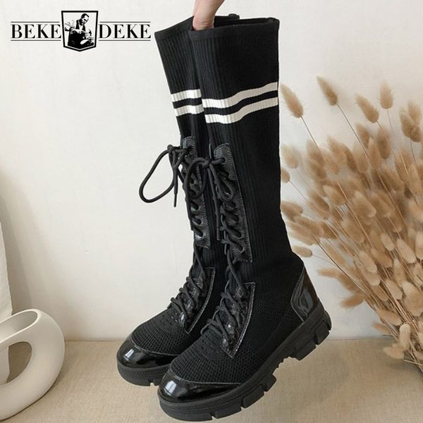 

hip hop thick heels vintage boots women street breathable genuine leather high-platform boots casual long stretch shoes, Black