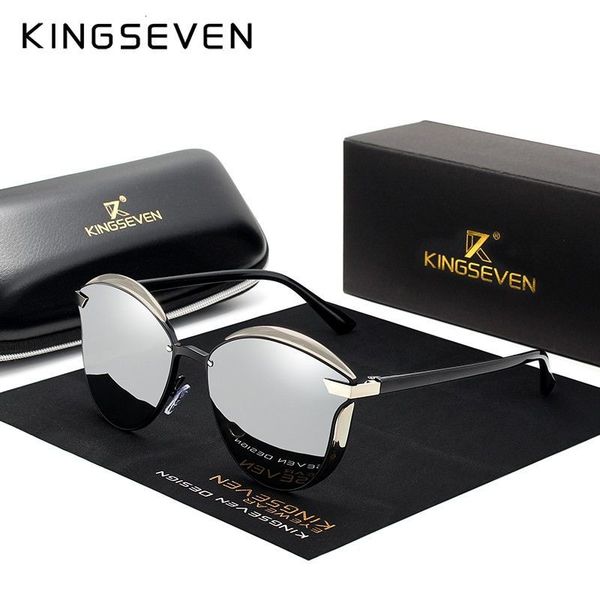 

kingseven k05 cat eye sunglasses women polarized luxury alloy reflective frame unique fashion design in blue pink black, White;black
