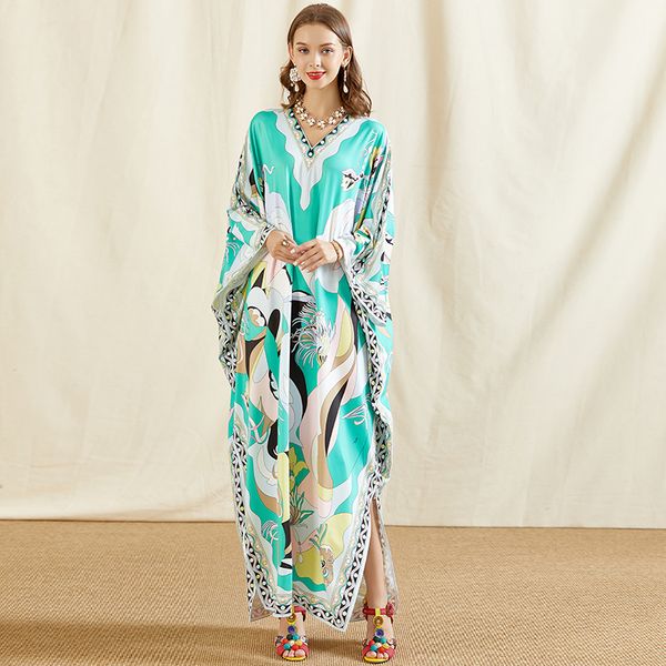 

fashion runway floor-length long dress plus size women batwing sleeve knitting elastic printed loose maxi dress, Black