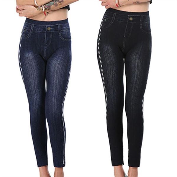 

women plus size high waist pants stretch side stripes printed fake jeans leggings ankle length gradient tights s 3xl, Black