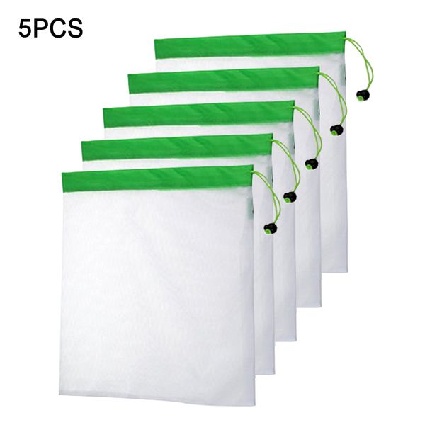 

5pcs/set eco-friendly washable and reusable produce bags soft lightweight nylon mesh vegetable drawstring storage net bag