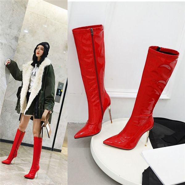 

yqbtdl 2020 autumn winter high heels stiletto boots patent black white red pointed toe mid calf long boots female shoes 10