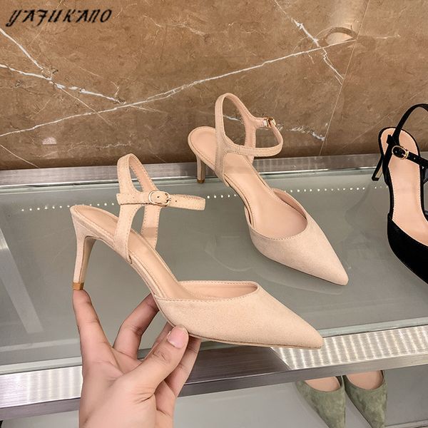 

2020 new thin heel pointed toe solid flock pumps summer brand design female casual sandals ankle straps wedding party shoes, Black