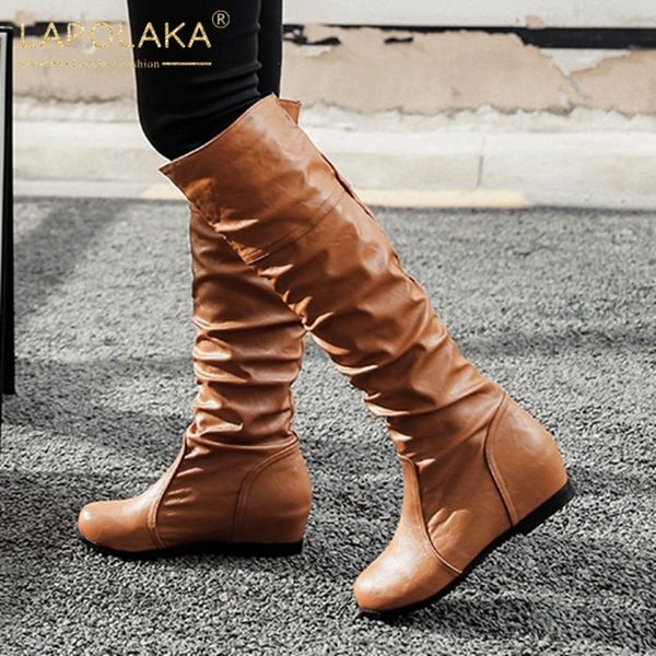 

boots lapolaka 2021 fashion slip on concise knee high woman shoes comfy height increasing spring autumn female, Black