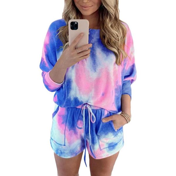 

yoga outfits tie-dye t shirts and shorts women two piec set summer long sleeve o-neck shirt biker outfit for woman tracksuits, White;red