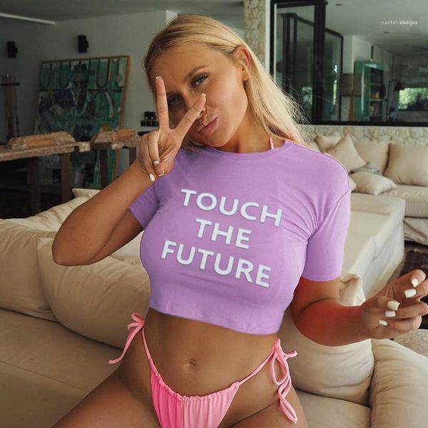 

women clothing womens designer shirts letter printed solid color short sleeve exposed navel womens min sexy, White
