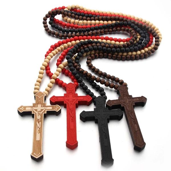 

new boy large wood catholic jesus cross with wooden bead carved rosary pendant long collier statement necklace men jewelry, Silver