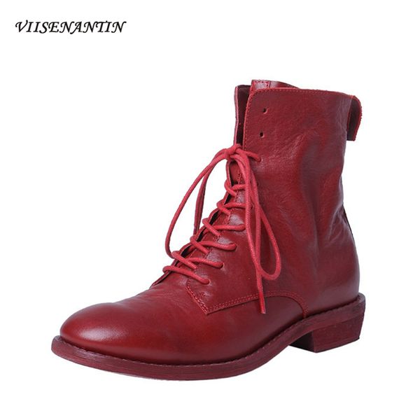 

genuine leather red female british style round toe flat lace-up deisgner brand ankle boots high quility handmade women shoes, Black