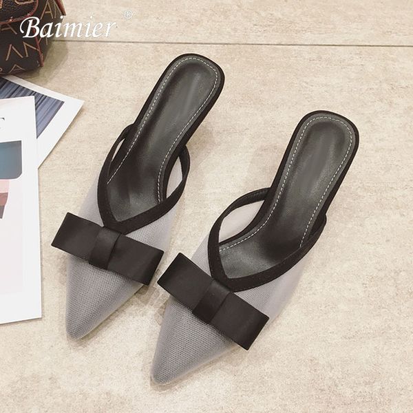 

2020 fashion women high heels sandals mesh pointed toe slingback shoes women mules outdoor slipper mujer shoes, Black